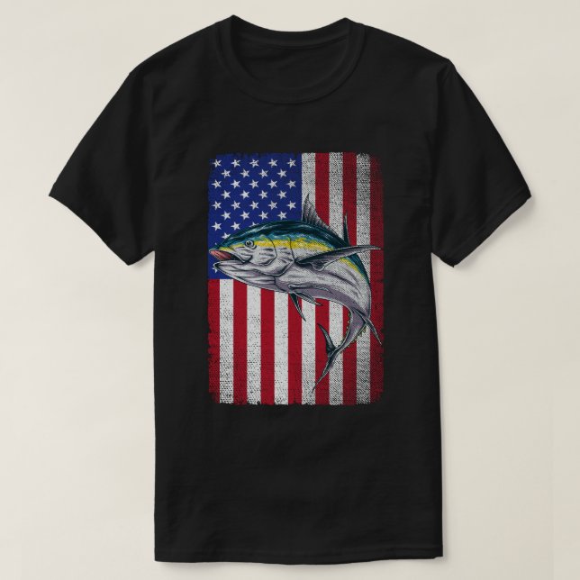 Vintager Thunfisch unter amerikanischer Flagge T-Shirt (Design vorne)