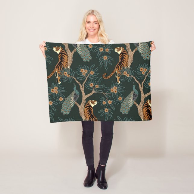 Vintager Tiger und Pfau Fleecedecke (Beispiel)