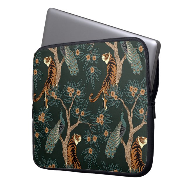 Vintager Tiger und Pfau Laptopschutzhülle (Vorderseite Links)