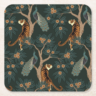 Vintager Tiger und Pfau Rechteckiger Pappuntersetzer
