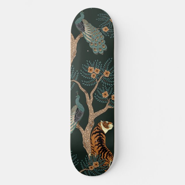 Vintager Tiger und Pfau Skateboard (Vorderseite)