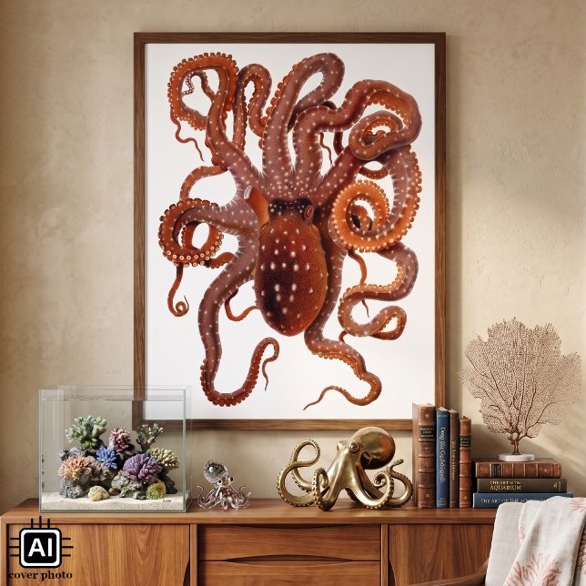 Vintager Tintenfisch Macropus, Meerwassertiere Poster (Vintage illustration marine life featuring a white spotted octopus by Giacomo Merculiano, 1896.)