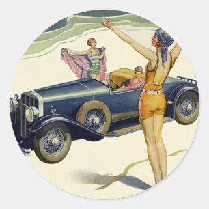 Vintager Transport Cabrio Car on Beach Runder Aufkleber