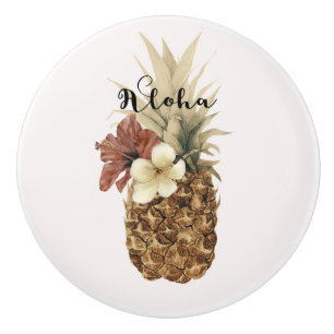 Vintager tropischer Ananas-Hibiskus Keramikknauf