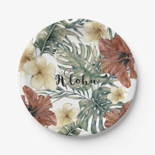 Vintager tropischer Hibiskus Plumeria Floral Aloha Pappteller