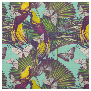 Vintager tropischer Vogel- und Schmetterlingsdruck Stoff