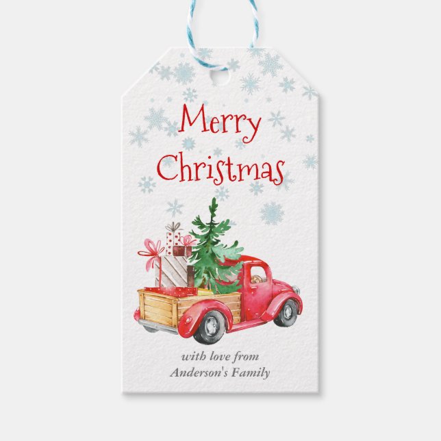 Vintager Truck mit Weihnachtsbaum Geschenkanhänger (Vorderseite)