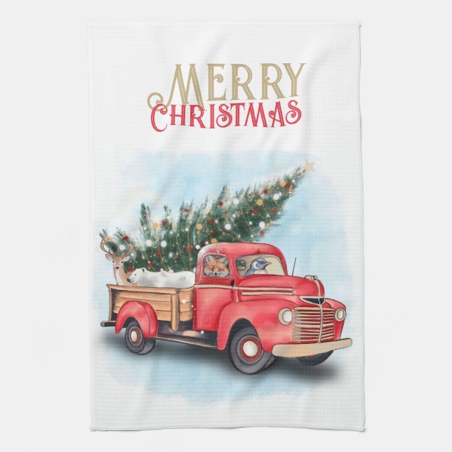 Vintager Truck Weihnachtsbaum Geschirrtuch (Vertikal)