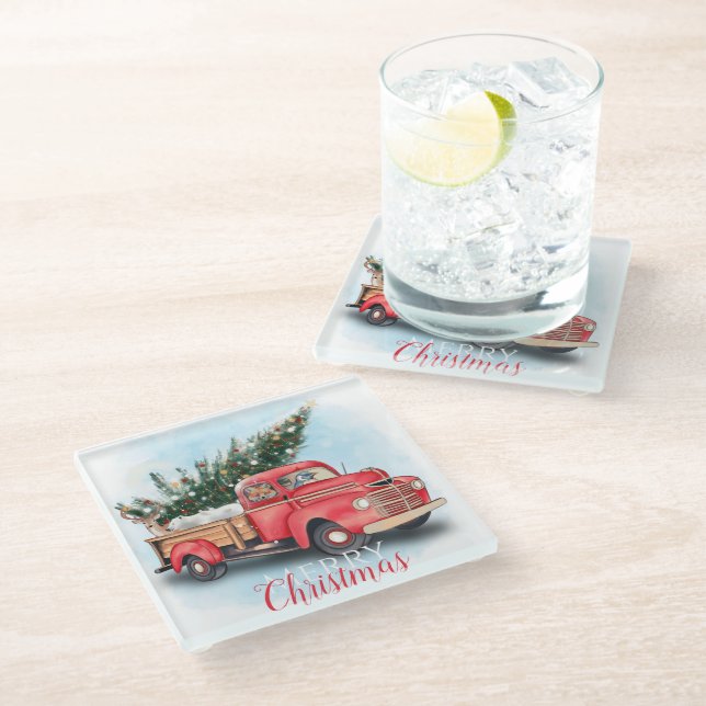 Vintager Truck Weihnachtsbaum Glasuntersetzer (Schrägansicht)