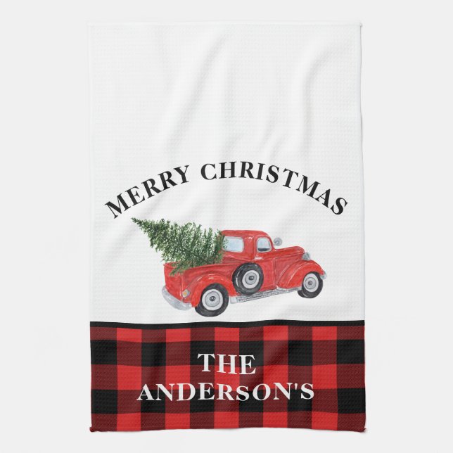 Vintager Truck Weihnachtsbaum Kariert Bauernhof Geschirrtuch (Vertikal)
