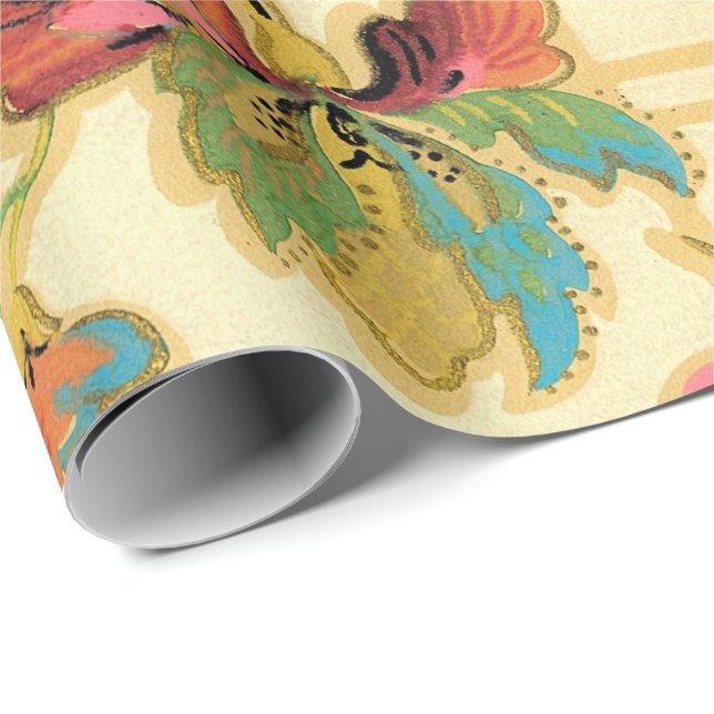 Vintager Türkis-orange Blumentapeten-Muster Geschenkpapier (Rolleneckpunkt)