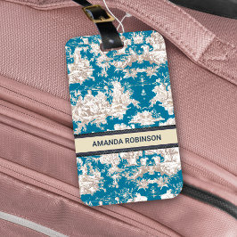 Vintager türkisfarbener Toile de jouy monogram Gepäckanhänger