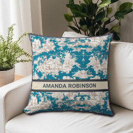 Vintager türkisfarbener Toile de jouy monogram Kissen