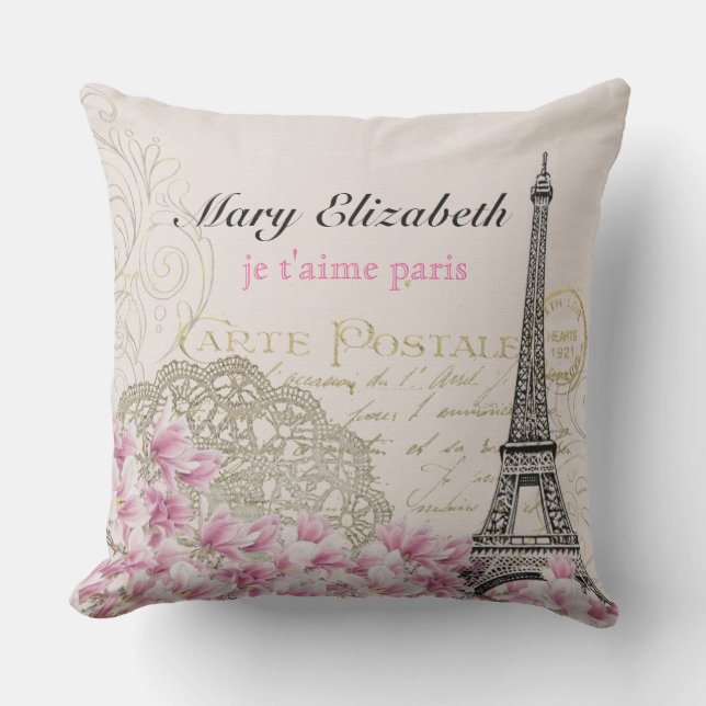 Vintager Turm-Blumenspitze-Buchstabe Paris Eiffel Kissen (Vorderseite)