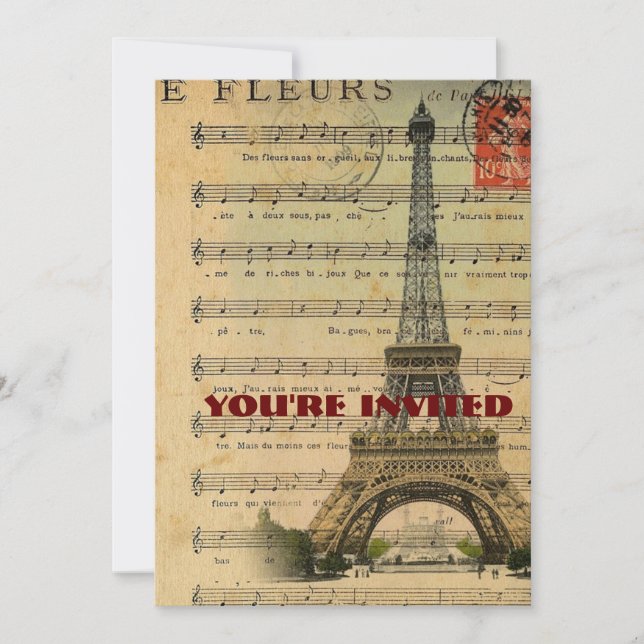 Vintager Turm Musiknotenfranzoseparis Eiffel Einladung (Vorderseite)
