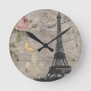 Vintager Turm-Rosen-SchmetterlingGrunge Paris Runde Wanduhr