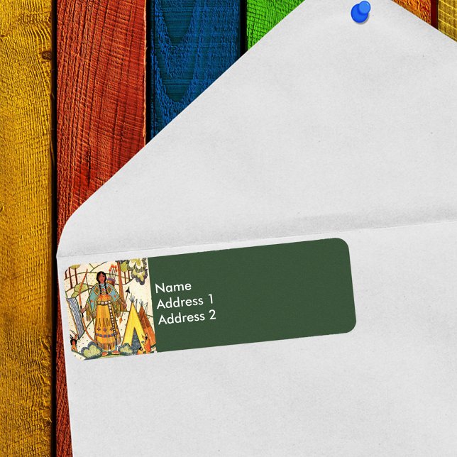 Vintager Urwald der amerikanischen Weibchen (Native American Woman faux embroidered look return address label.)
