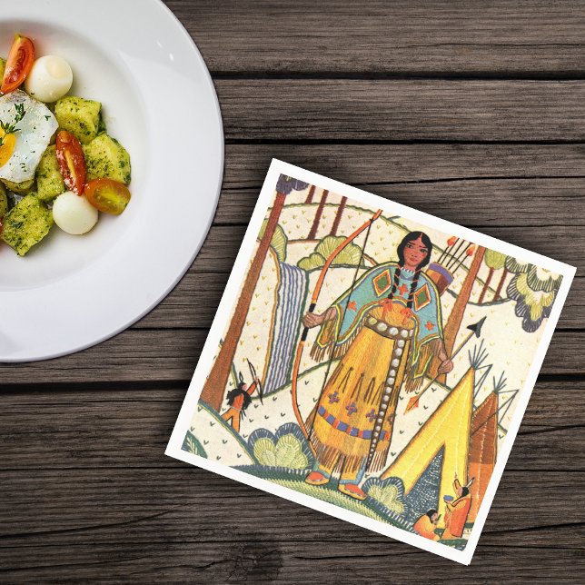 Vintager Urwald der amerikanischen Weibchen Serviette (Native American lady in forest teepee bow arrow with embroidered look on napkin.)