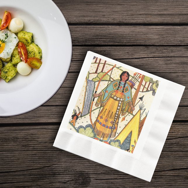 Vintager Urwald der amerikanischen Weibchen Serviette (Native american women in forest bow arrow traditional clothing embroidered look on lunch napkin.)