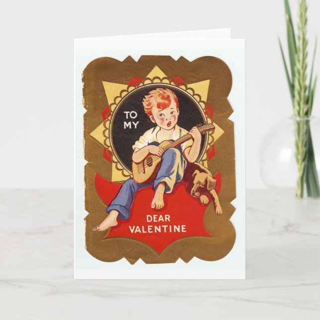 Vintager Valentine-Junge mit Gitarre Feiertagskarte (Vorderseite)