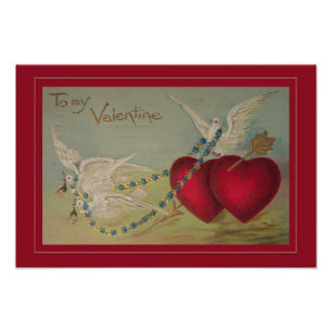 Vintager Valentine mit Herzen und Tauben Fotodruck
