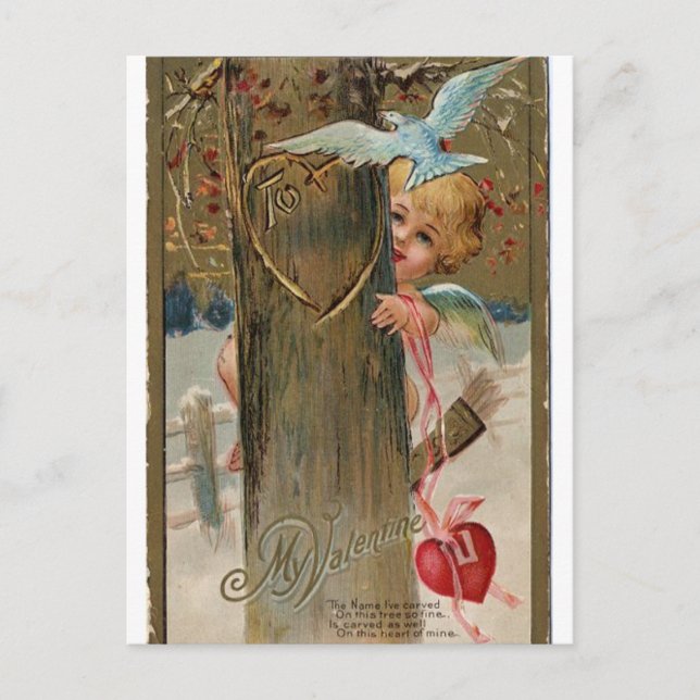 Vintager Valentine Peeking Cherub Feiertagspostkarte (Vorderseite)