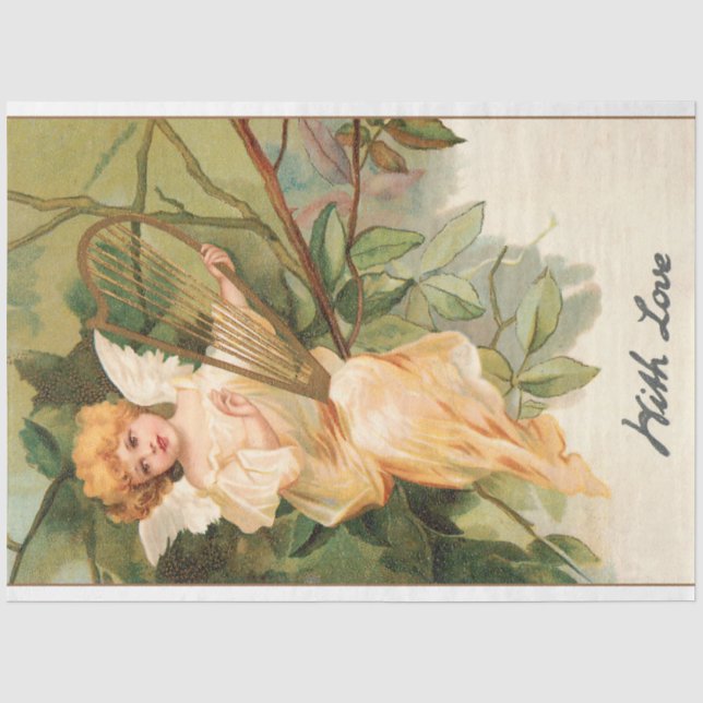 Vintager Valentinengel mit Goldener Harfe Seidenpapier (Vorderseite)