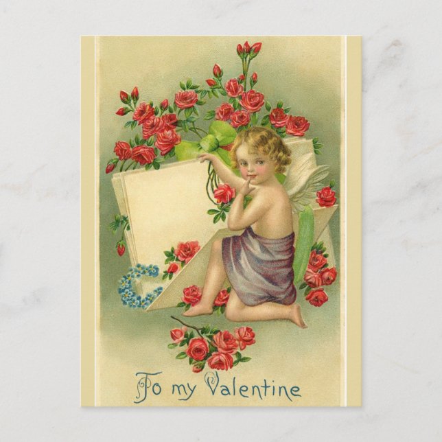 Vintager Valentinskirub umgeben von Rote Rosen Postkarte (Vorderseite)