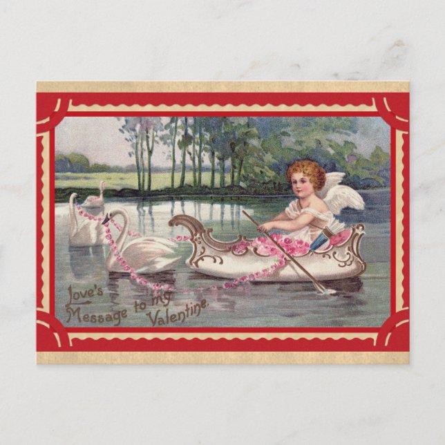 Vintager Valentinstag Angel Swan Boat Postkarte (Vorderseite)