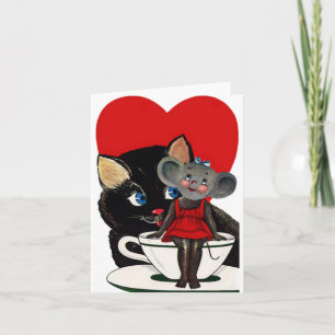 Vintager Valentinstag, Cat Mouse Tea Cup Herz Feiertagskarte