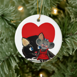Vintager Valentinstag, Cat Mouse Tea Cup Herz Keramikornament