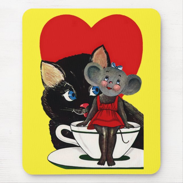 Vintager Valentinstag, Cat Mouse Tea Cup Herz Mousepad (Vorne)