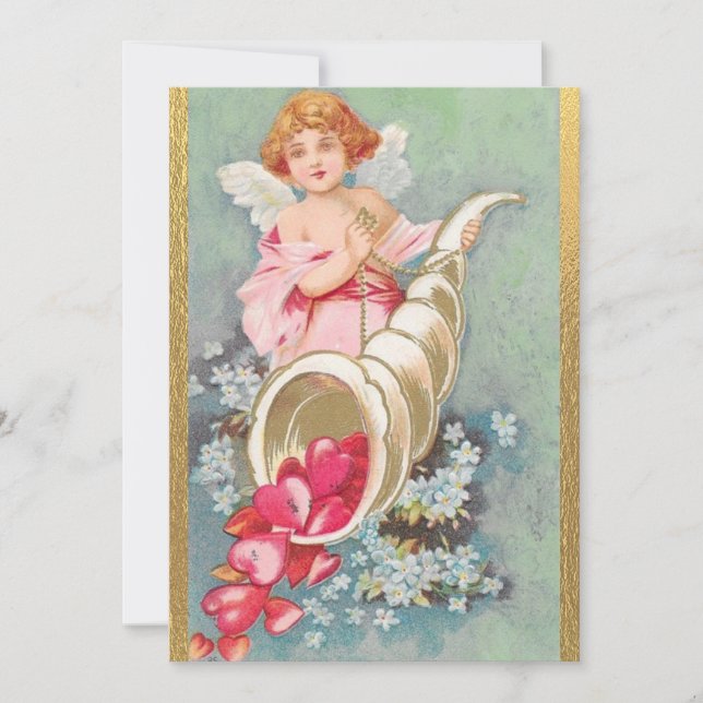 Vintager Valentinstag Cherubs Herz Gold Feiertagskarte (Vorderseite)