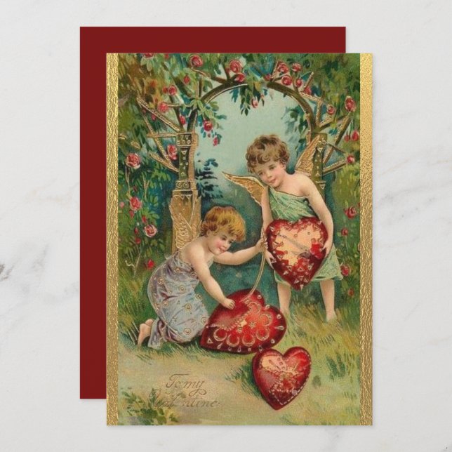 Vintager Valentinstag Cherubs Herz Gold Feiertagskarte (Vorne/Hinten)