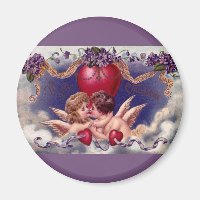 Vintager Valentinstag, Cherubs umarmen in Wolken Magnet (Vorne)