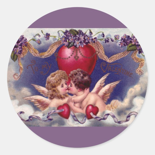 Vintager Valentinstag, Cherubs umarmen in Wolken Runder Aufkleber (Vorderseite)
