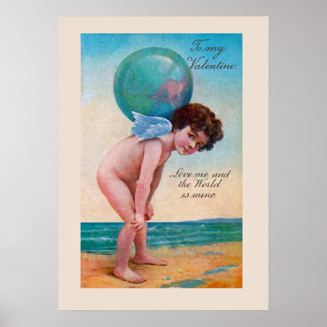 Vintager Valentinstag Cupid Holding Globe Poster (Vorne)