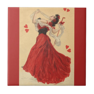 Vintager Valentinstag, Dancing Lady Red Hearts Fliese
