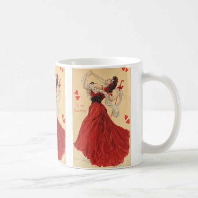 Vintager Valentinstag, Dancing Lady Red Hearts Kaffeetasse (Rechts)
