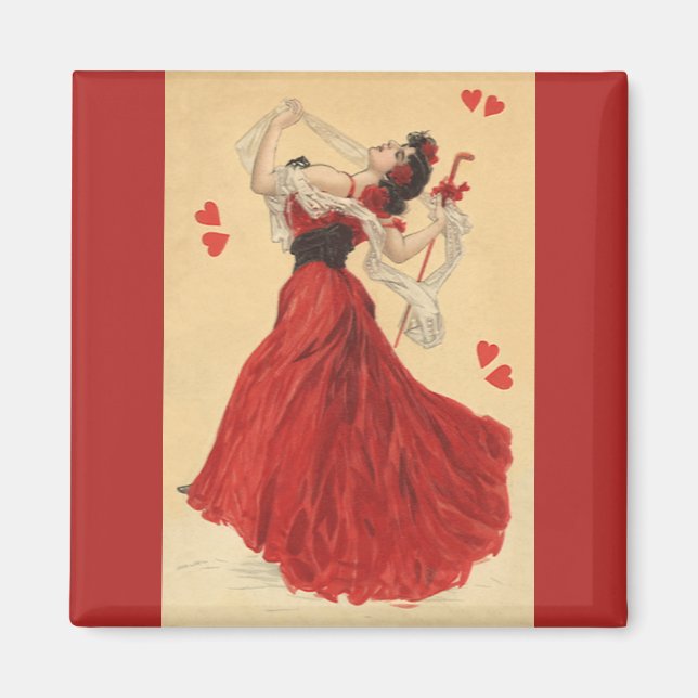 Vintager Valentinstag, Dancing Lady Red Hearts Magnet (Vorne)