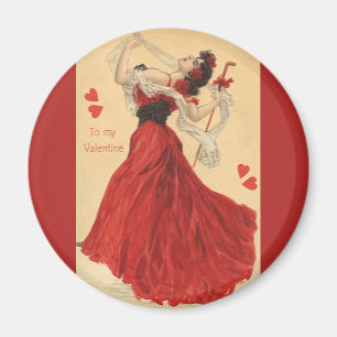 Vintager Valentinstag, Dancing Lady Red Hearts Magnet