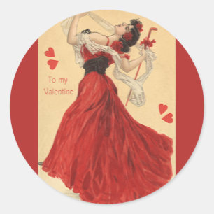 Vintager Valentinstag, Dancing Lady Red Hearts Runder Aufkleber