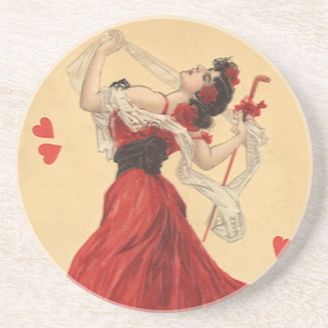 Vintager Valentinstag, Dancing Lady Red Hearts Sandstein Untersetzer (Vorne)