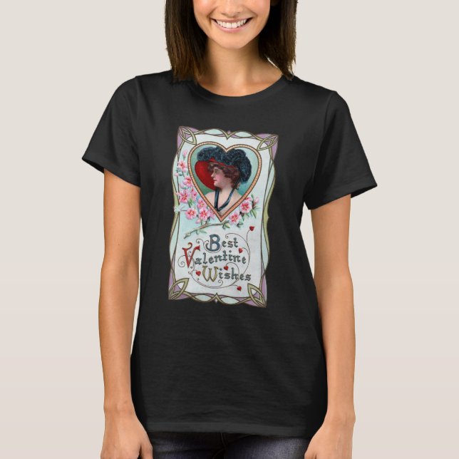 Vintager Valentinstag, Elegante Frau im Herzen T-Shirt (Vorderseite)
