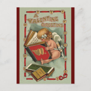 Vintager Valentinstag Engel, Cupid Reading Book Feiertagspostkarte