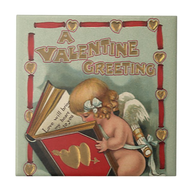 Vintager Valentinstag Engel, Cupid Reading Book Fliese (Vorderseite)