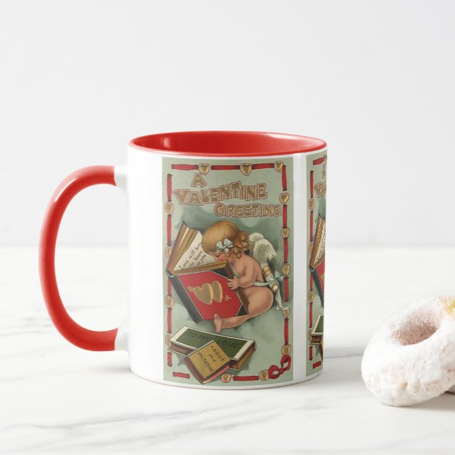 Vintager Valentinstag Engel, Cupid Reading Book Tasse (Mit Donut)