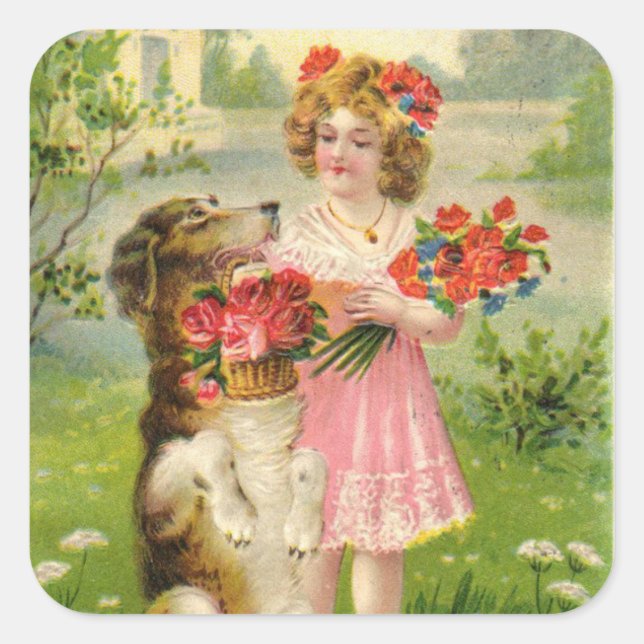 Vintager Valentinstag Girl and Dog Quadratischer Aufkleber (Vorderseite)
