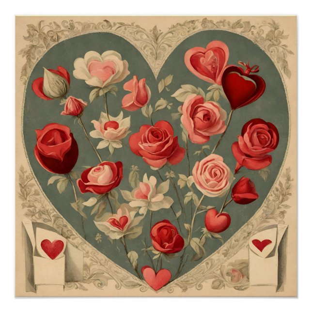 Vintager Valentinstag Herz mit Rose Poster (Vorderseite)