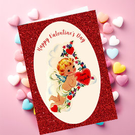 Vintager Valentinstag-Karte Roter Glitzer-Cupid Karte
